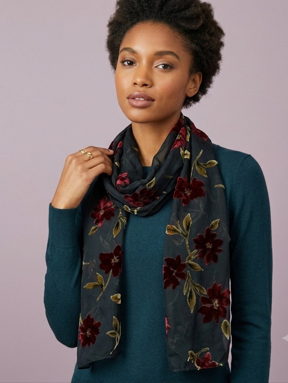 Echo Silk Blend Velvet Burnout Floral  Scarf Quiet Luxury  Dark Romantic Boho